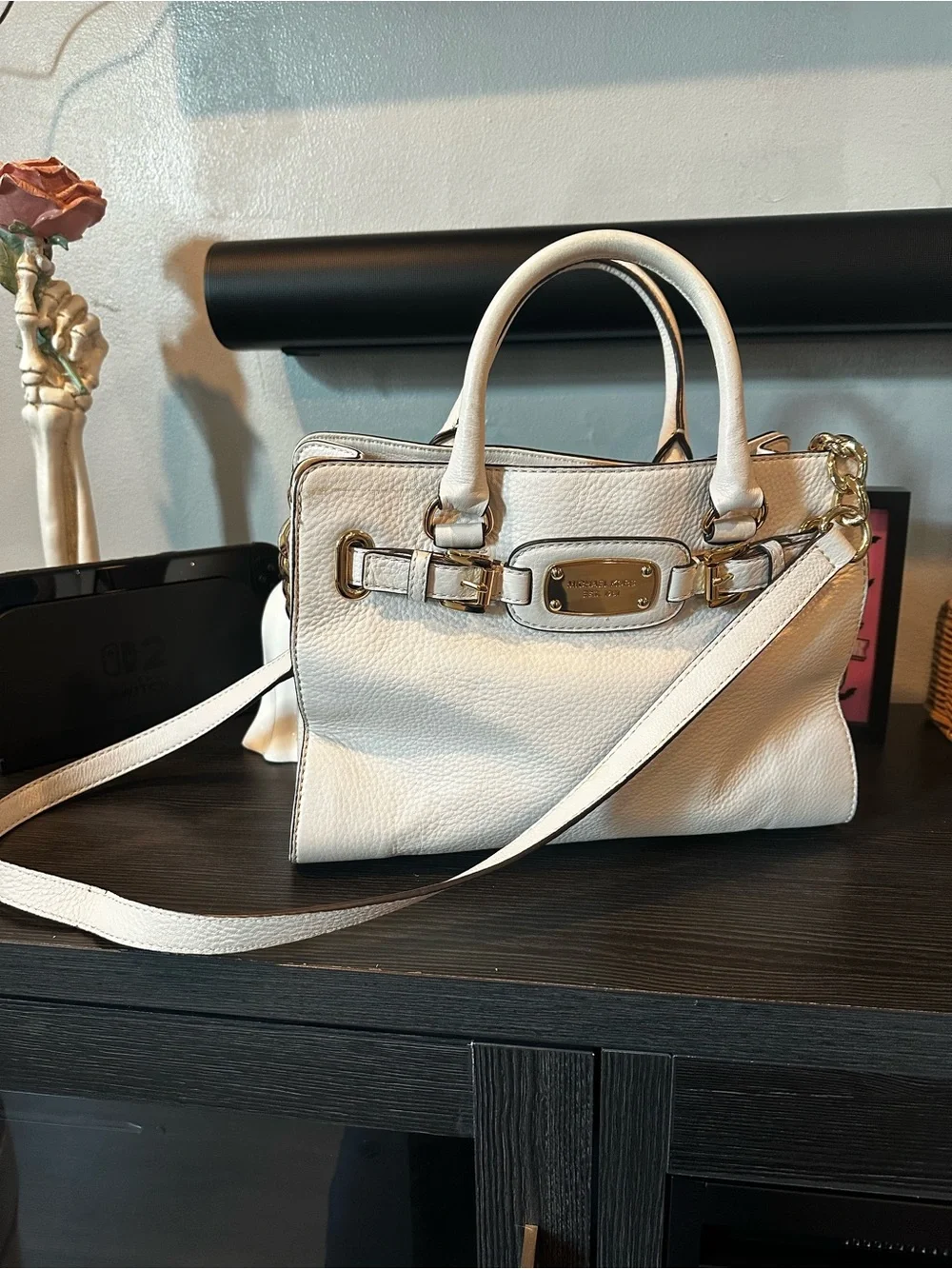 Michael Kors Cream Pebble Leather Satchel with Gold Hardware
